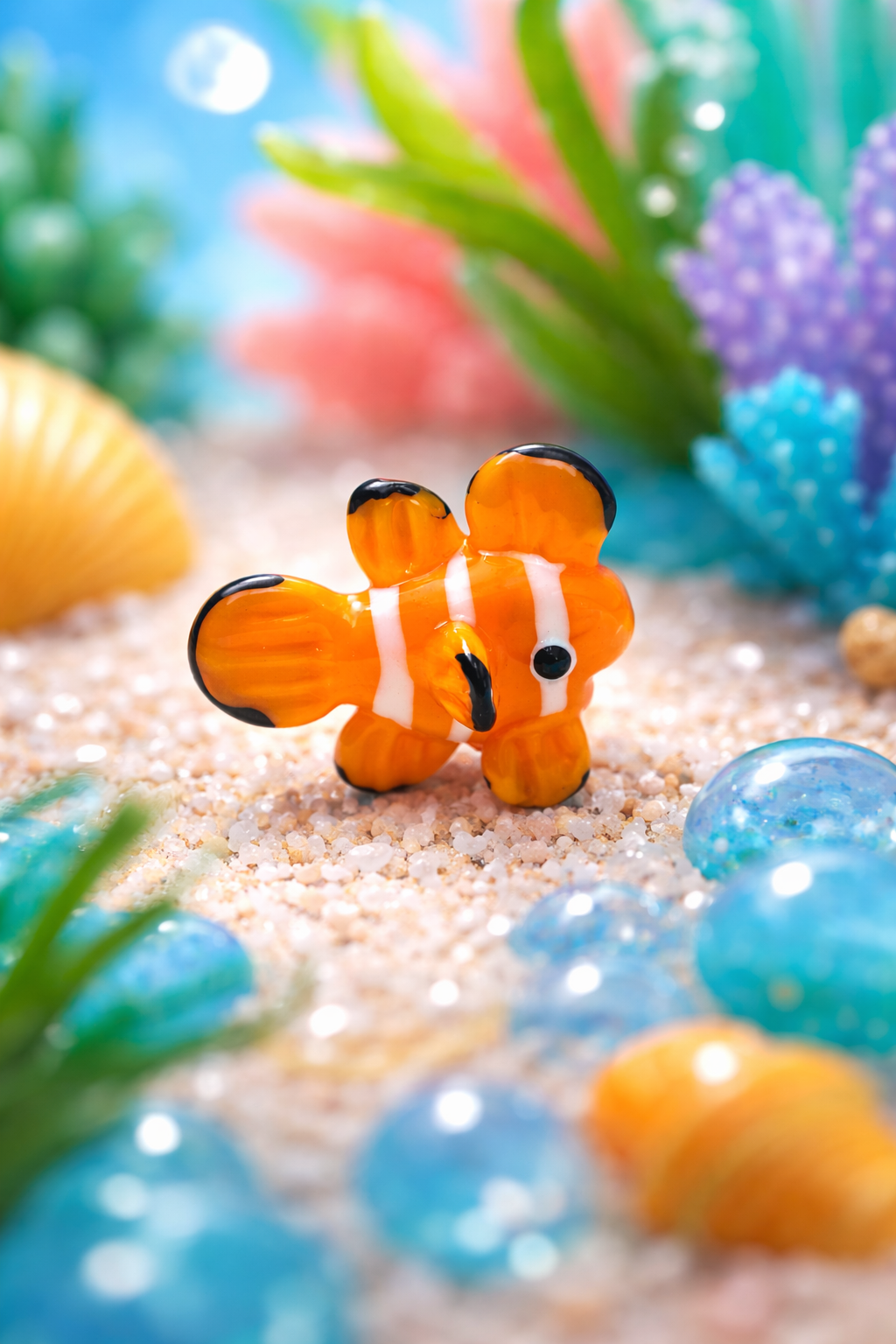 Small orange fish figurine on a sandy surface with aquarium decorations