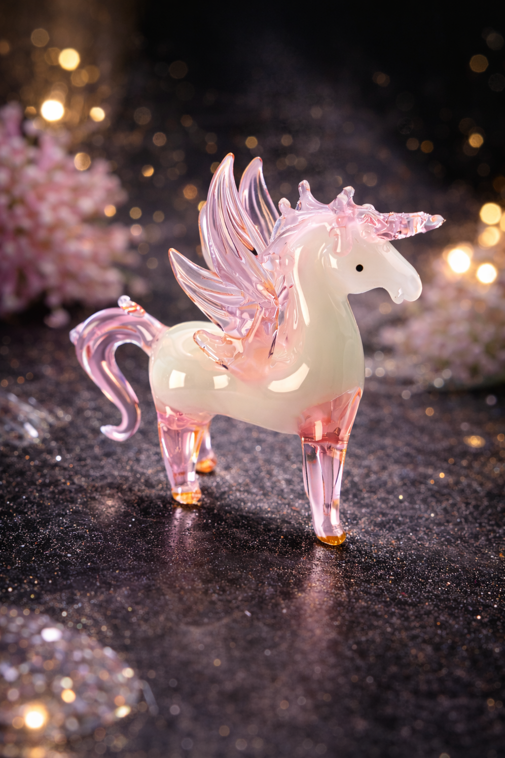 Glass unicorn figurine with pink mane and wings on a dark background
